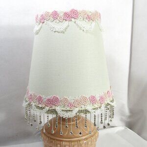 SHABBY CHIC LAMP SHADE 9" INCLUDING RHINESTONE FRINGE PINK WHITE